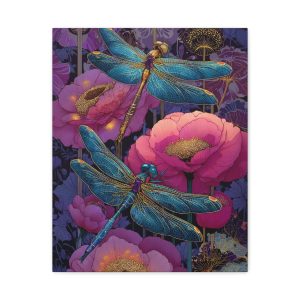 Blue Dragonflies Among Ranunculus — Fine Art Canvas Print