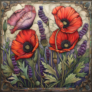 Poppies and Lavender — Art Nouveau Floral Metal Print