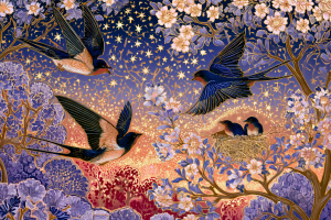 Homeward Flight — Swallows and Nest Fine Art Canvas Print